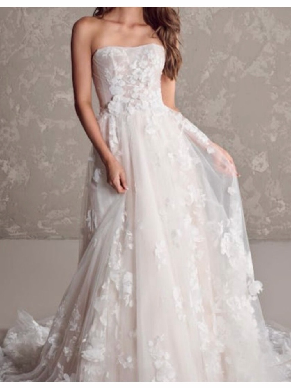 Maggie Sottero Strapless Ivory Floral Appliqué Tulle Gown